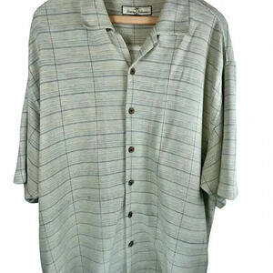 Tommy Bahama Men’s Silk Cotton Blend Green and Blue‎ Stripped Button-up Shirt LG